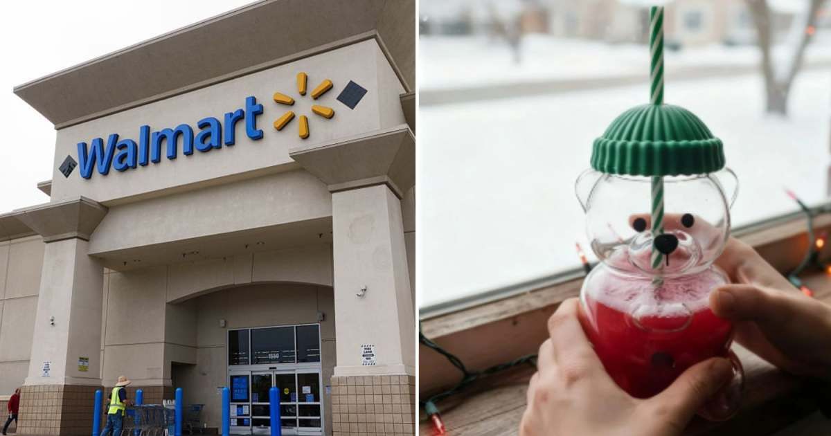 Image of a Walmart store and screenshot of a Walmart bear mug (Cover image source: Getty Images | Photo by Kevin Carter and Walmart Website)