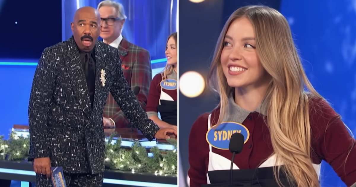 Screenshot showing Steve Harvey and Sydney Sweeney on Family Feud (Cover image source: YouTube/Family Feud)