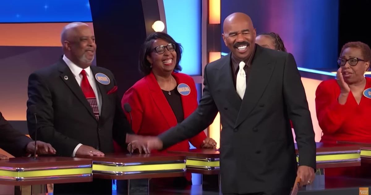 Screenshot showing Steve Harvey and the contestants on "Family Feud." (Cover Image Source: YouTube | Family Feud)