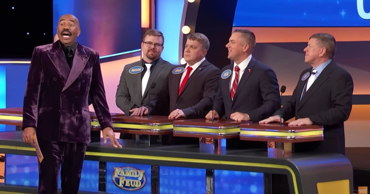 Screenshot showing Steve Harvey with the contestants on "Family Feud." (Cover Image Source: YouTube | Family Feud)