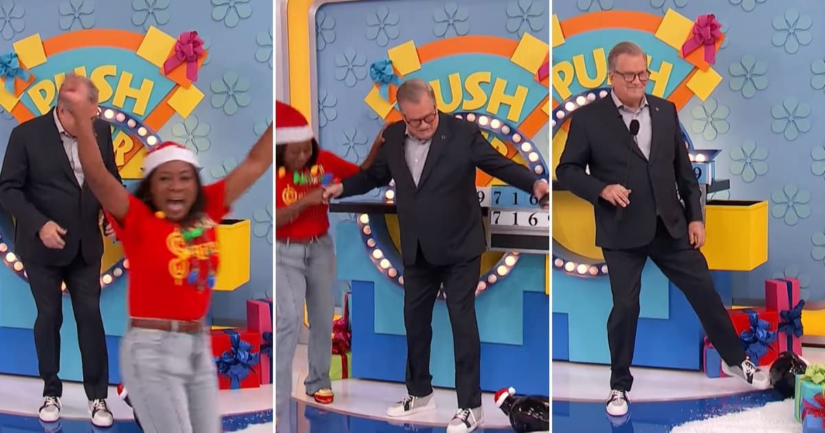 Screenshots  showing Drew Carey trying to brush off his mistake under the carpet (Cover image source: YouTube/The Price Is Right)