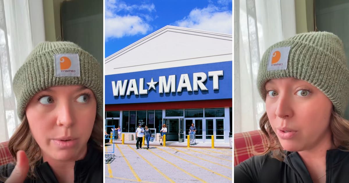 Screenshots showing the creator and a representative image of a Walmart store. (Image credits: TikTok | @nobrasallowed; Getty Images | Alan Schein Photography)