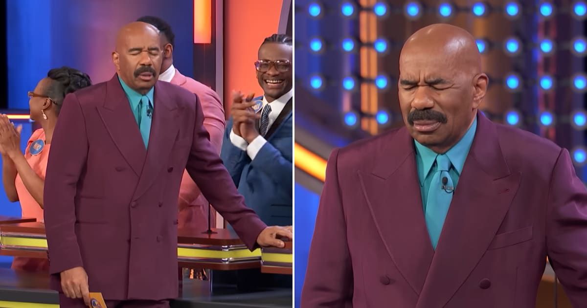 Screenshots showing Harvey's reaction to the answer (Cover image source: YouTube/Family Feud)
