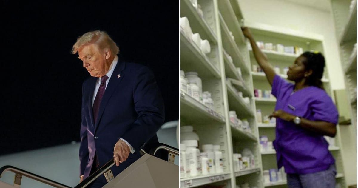 Representative images of President Trump and a pharmacy employee (Cover image sources: Getty Images | Chris Hondros and Tasos Katopodis)
