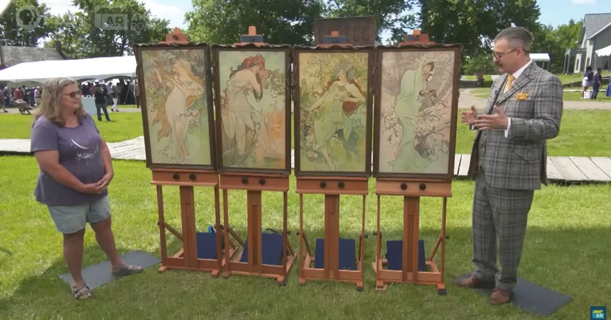 Screenshot showing the guest, the item, 'The Four Seasons' and the expert, Nicholas D. Lowry on the show (Cover image source: YouTube/Antiques Roadshow PBS)