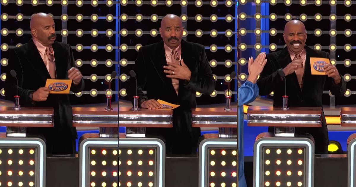 Screenshot showing Steve Harvey getting frightened at the podium (Cover image source: YouTube/Family Feud)