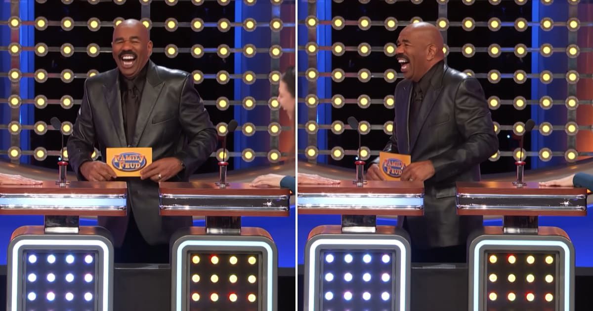 Screenshots showing Harvey laughing at the podium (Cover image source: YouTube/Family Feud)