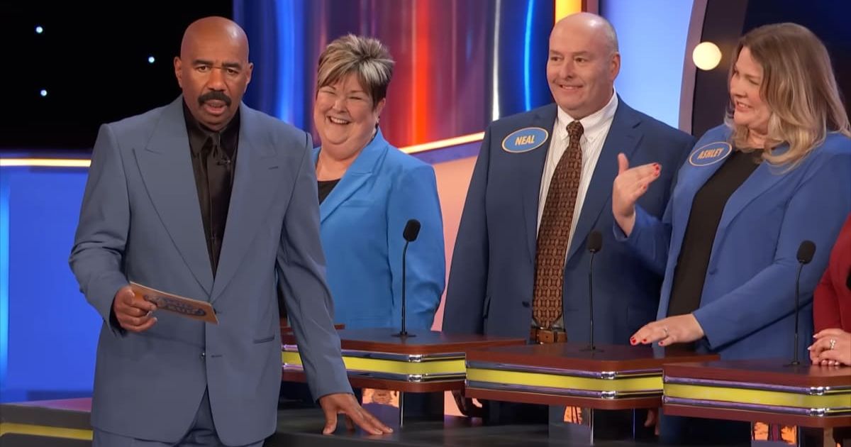 Screenshot showing Harvey's reaction to one of the answers (Cover image source: YouTube/Family Feud)