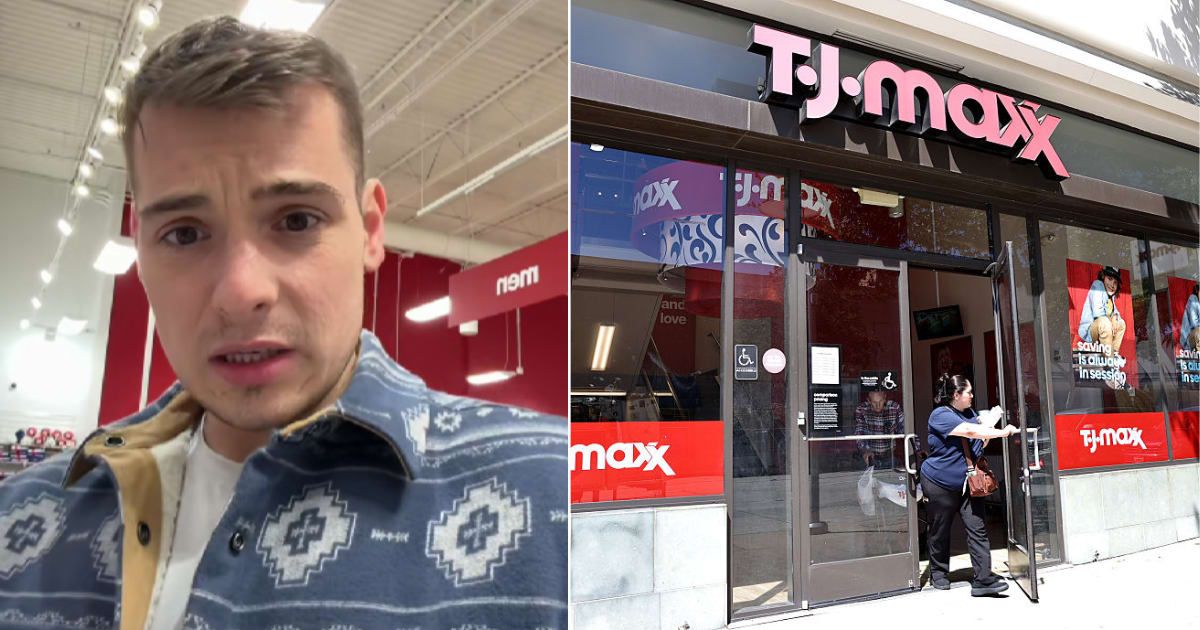 Screenshot showing the creator and a representative image of a TJ Maxx store. (Cover Image Sources: TikTok | @callmebelly; Getty Images | Photo by Mario Tama)