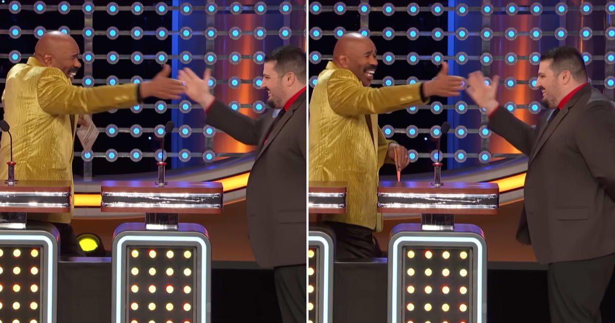 Screenshots showing Steve Harvey high fiving the contestant (Cover image source: YouTube/Family Feud)