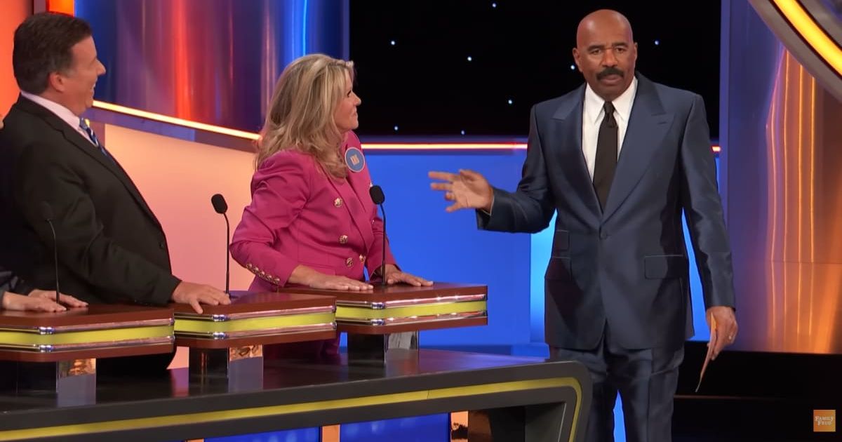 Screenshot showing Steve Harvey's reaction to the player trying to steal his job (Cover image source: YouTube/Family Feud)