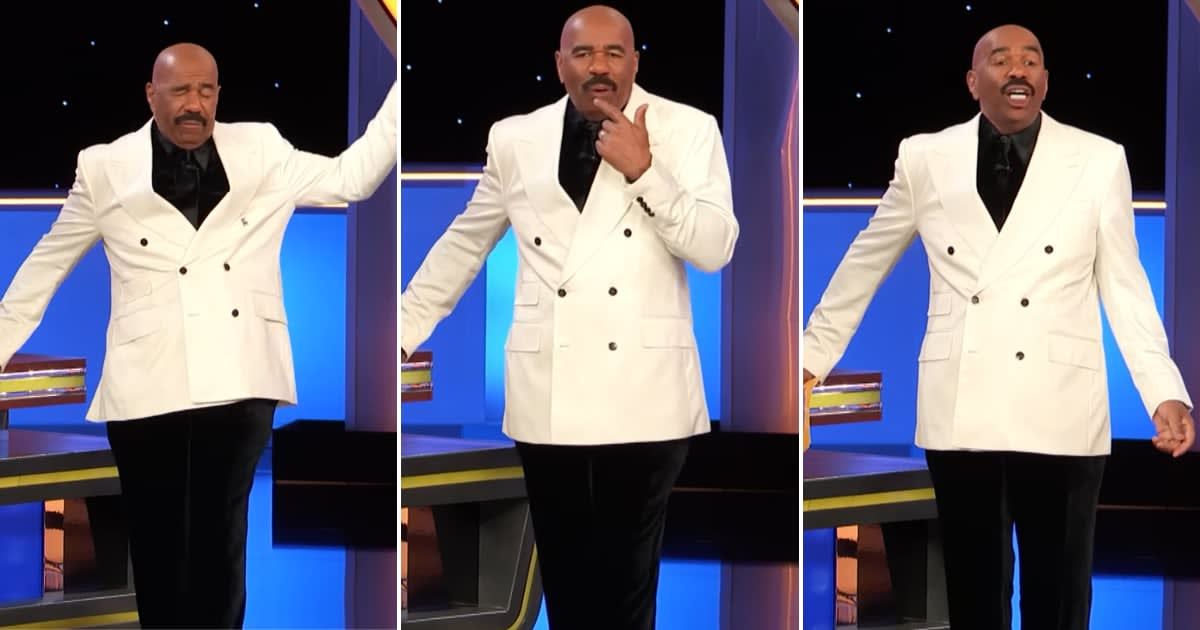 Screenshots showing Steve Harvey's cheeky response after getting a compliment (Cover image source: YouTube/Family Feud)