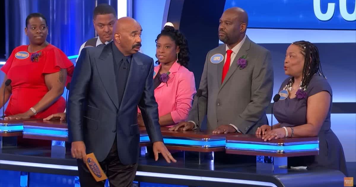 Screenshot showing Harvey's reaction to the answer (Cover image source: YouTube/Family Feud)
