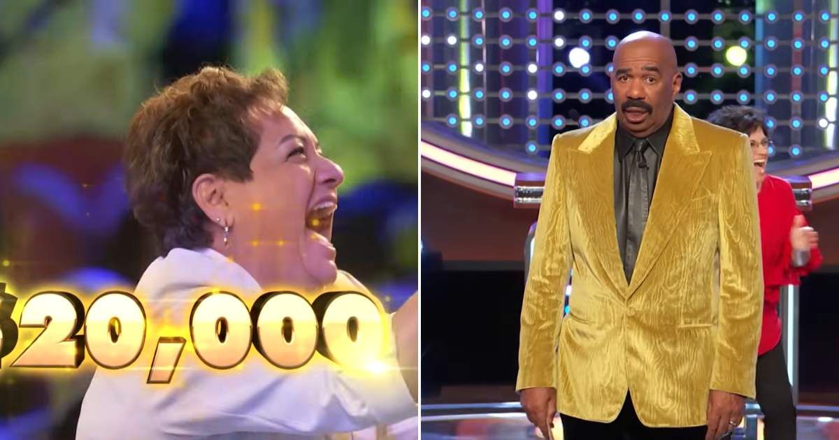 Screenshots showing the player and Steve Harvey's reaction to the win (Cover image source: YouTube/Family Feud)