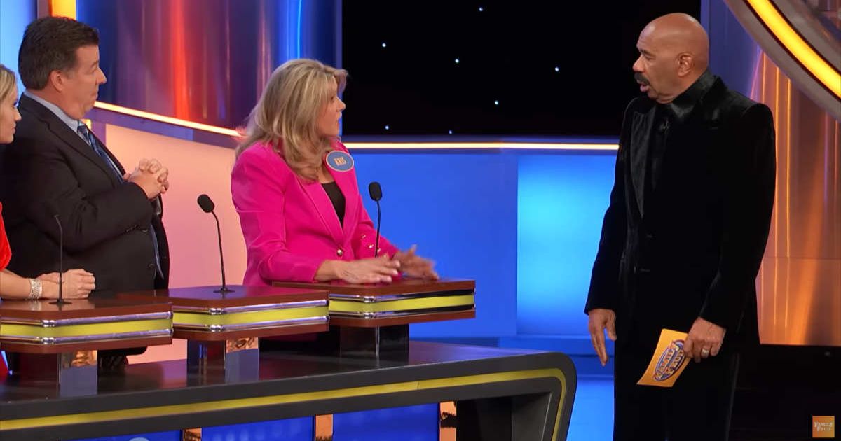 Screenshot showing Steve Harvey's reaction to hearing the 'nicest answer' (Cover image source: YouTube/Family Feud)