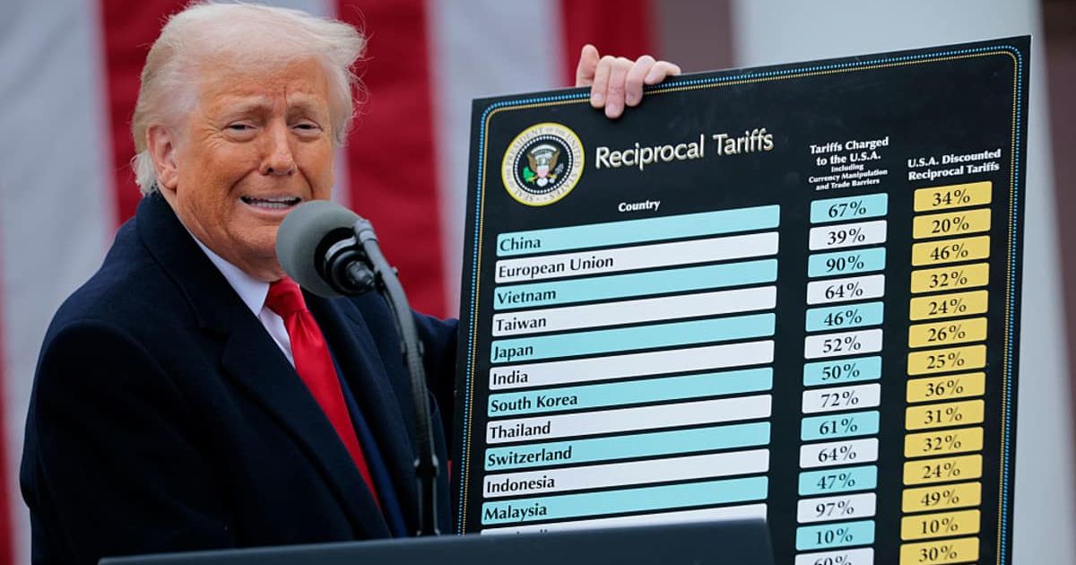 WASHINGTON, DC - APRIL 02: U.S. President Donald Trump holds up a chart of "reciprocal tariffs" while speaking during a “Make America Wealthy Again” trade announcement event in the Rose Garden at the White House on April 2, 2025, in Washington, DC. 