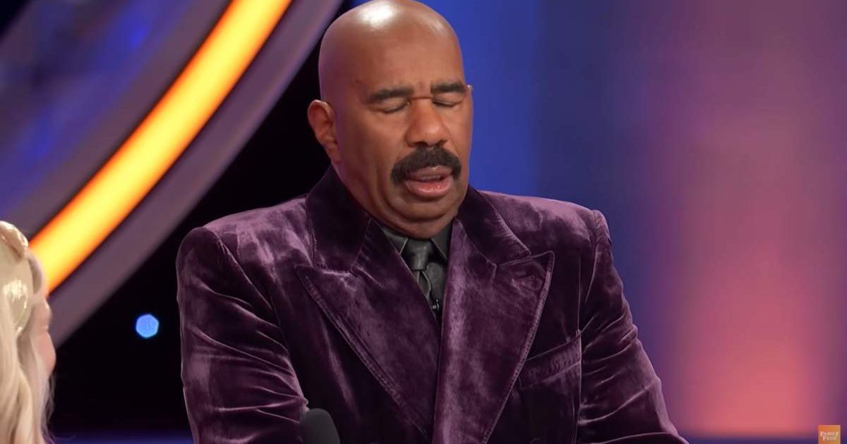Screenshot showing Steve Harvey's reaction after reading the question (Cover image source: YouTube/Family Feud)