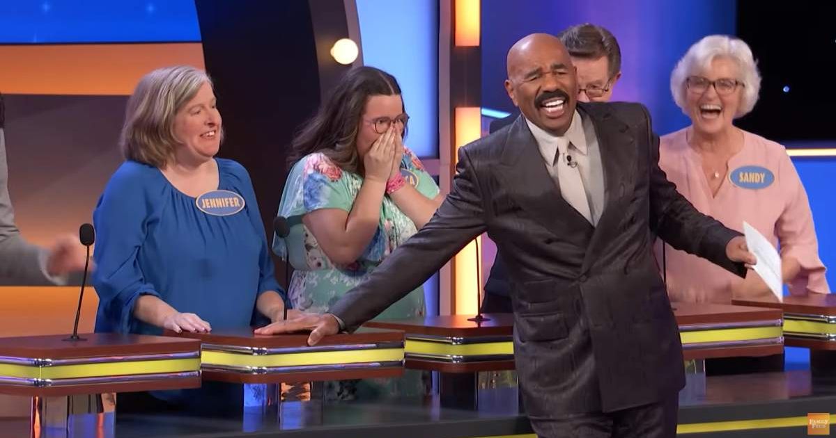 Screenshot showing Steve Harvey laughing at the answer (Cover image source: YouTube/Family Feud)